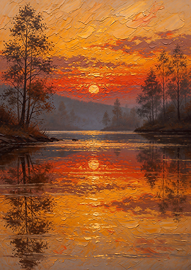 Golden Sunset River Landscape Painting