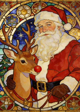 Stained Glass Santa and Rudolph Christmas Art