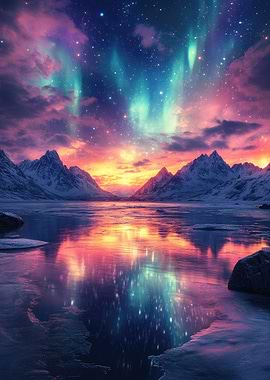 Aurora Borealis over Mountain Lake