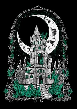 Crystal Gothic Castle Under Crescent Moon