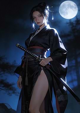 Samurai Woman Under Moonlight