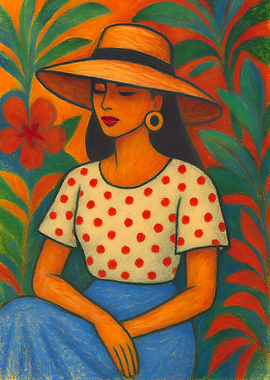 Woman in Hat with Floral Background