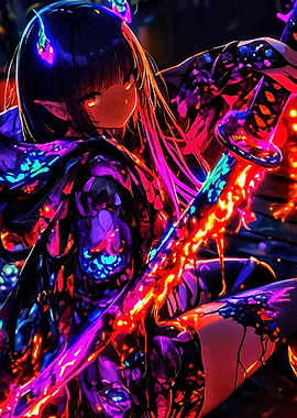 Neon Anime Girl with Sword