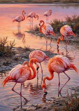 Flamingos in Water at Sunset
