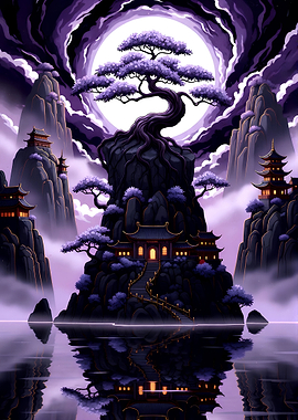 Purple Japan Landscape with Pagodas