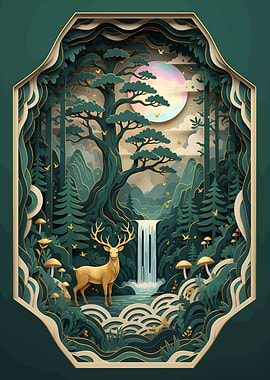 Golden Deer in Forest Paper Cut