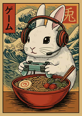 Gaming Rabbit Ramen Poster, Japanese Gamer Wall Art, Retro Anime Style Food Illustration Print