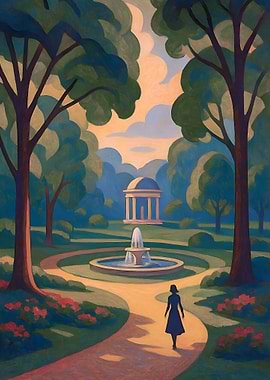 Park Scene with Woman and Fountain