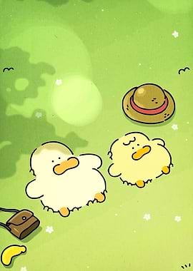 Cartoon Ducks Relaxing on Green Grass