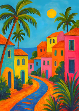 Colorful Tropical Village Painting