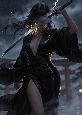 Female Warrior with Katana in Rain