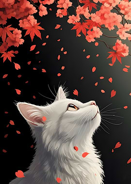 White Cat Under Falling Red Leaves