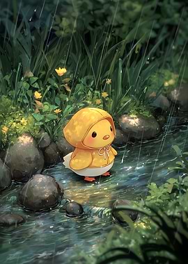 Duckling in Raincoat by Stream