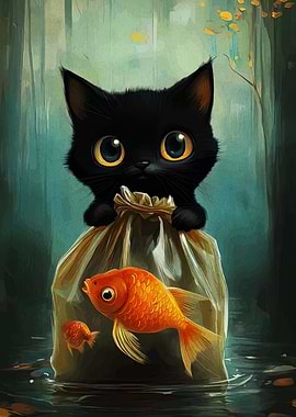 Black Cat with Goldfish