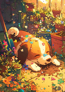 Dog Sleeping in Garden with Flowers