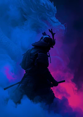 Samurai and Dragon in Neon Haze
