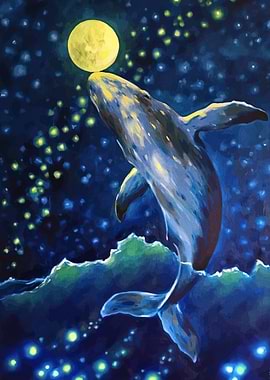 Whale Leaping Under Moonlight Painting