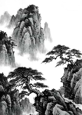 Atmospheric Peaks Traditional Monochrome Ink Landscape