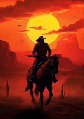 Cowboy on Horseback at Sunset