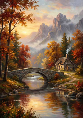 Autumn Landscape with Stone Bridge