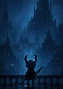 Hollow Knight in Blue Cityscape