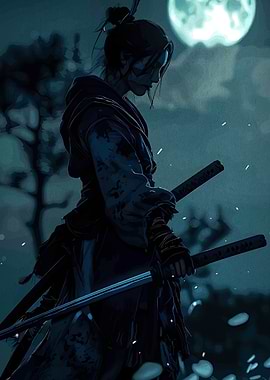 Moonlit Samurai with Dual Katanas