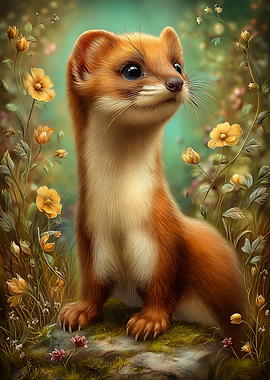 Cute Weasel in Floral Meadow