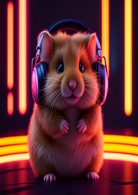 Hamster with Headphones in Neon Light