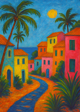 Colorful Tropical Village Painting