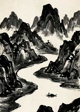 Serene Passage Minimalist River and Mountain Ink Study