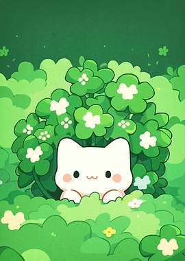 Cute Cat in Green Clover Patch