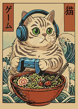 Gaming Cat Ramen Poster, Japanese Retro Anime Wall Art, Funny Gamer Cat Illustration Print