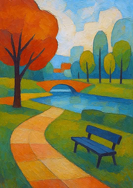 Park Scene Painting with Bridge