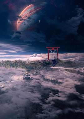Torii Gate Above Clouds with Planet