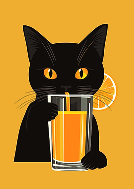 Black Cat Drinking Orange Juice