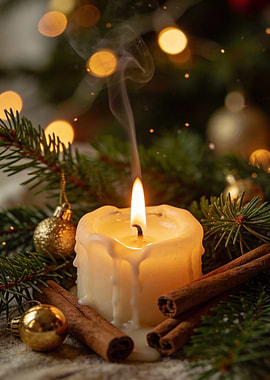 Festive Candle with Cinnamon and Ornaments