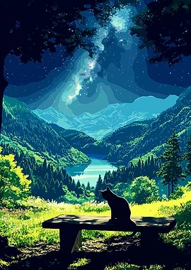 Cat on bench under starry sky