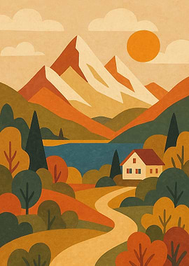 Autumn Mountain Landscape with House