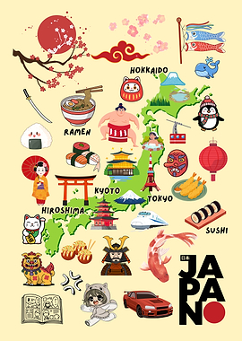 Japan Map Travel with Cultural Icons