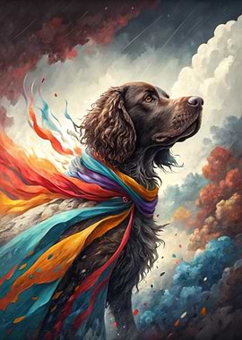 Dog with Rainbow Scarf in Clouds