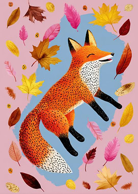 Happy Fox with Autumn Leaves