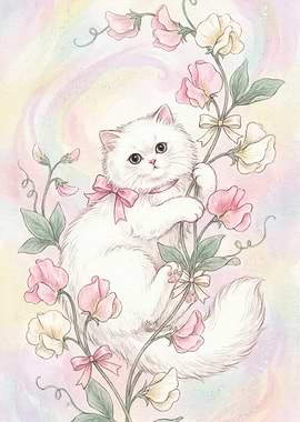 Cute Cat with Flowers Illustration
