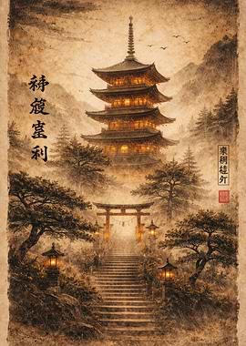 Japanese Pagoda and Torii Gate Landscape