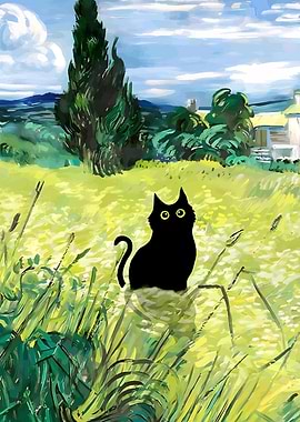 Black Cat in Van Gogh Landscape