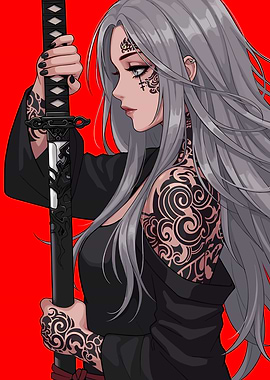 Tattooed Woman with Katana on Red