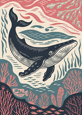 Whale in the Ocean Linocut Print