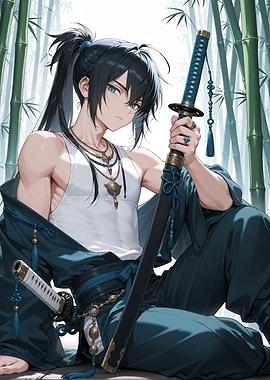 Anime Samurai with Katana in Bamboo Forest