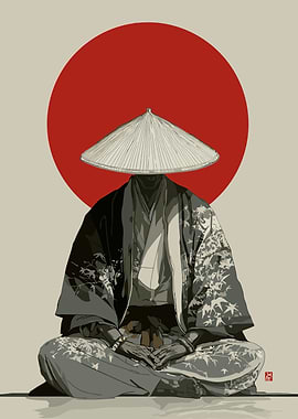 Meditating Samurai with Red Sun