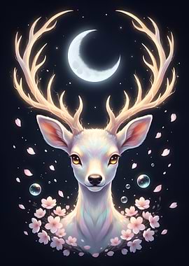 Dreamy Deer with Moon and Blossoms