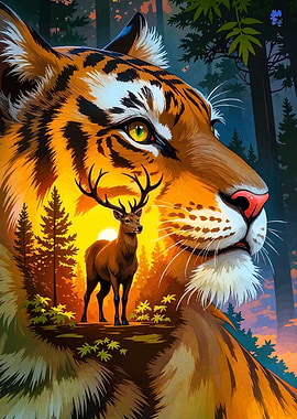 Tiger and Deer Forest Illustration